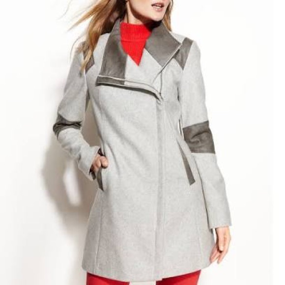 NWOT L Calvin Klein grey wool & faux leather coat - Picture 1 of 3